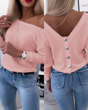 Autumn Long-Sleeved Back Button Solid Color V-Neck Shirt Top