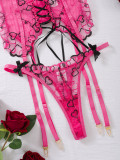 Women's Sexy Lace-Up Heart Embroidered Sexy Three-Piece Lingerie Set