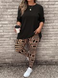 Plus Size Women's Clothing Round Neck Long-Sleeved Top Printed Trousers Two-Piece Set