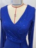 Spring Solid Color Sequins Long Sleeve Chic Evening Dress