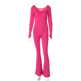 Women's Autumn Sports Solid Color One-Piece U-Neck Long Sleeve Low Back Fleece Jumpsuit