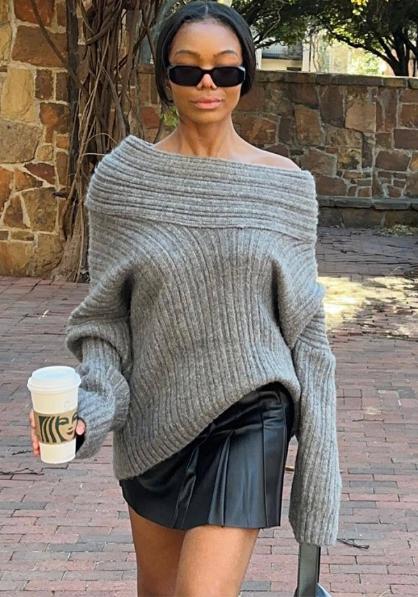 Spring And Autumn Off Shoulder Loose Casual Knitting Shirt Long Sleeve Sweater