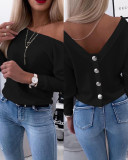 Autumn Long-Sleeved Back Button Solid Color V-Neck Shirt Top