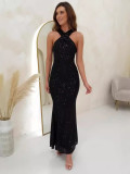 Summer Fashion Sequins Halter Neck Sexy Slim Elegant Long Evening Dress