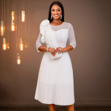 Plus Size Elegant White See-Through Sleeve Pleated Formal Party Dress