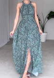 Summer Fashion Print Round Neck Sleeveless Sexy Low Back Long Dress For Women