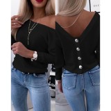 Autumn Long-Sleeved Back Button Solid Color V-Neck Shirt Top