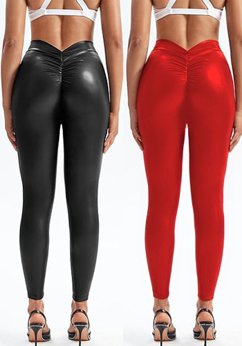 Sexy Pu Leather Elastic Tight Fitting V Waist Trousers