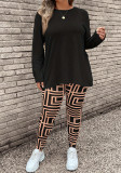 Plus Size Women's Clothing Round Neck Long-Sleeved Top Printed Trousers Two-Piece Set