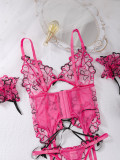 Women's Sexy Lace-Up Heart Embroidered Sexy Three-Piece Lingerie Set