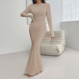 Autumn And Winter Women's Sexy Slim Round Neck Solid Color Long Sleeve Dress