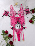 Women's Sexy Lace-Up Heart Embroidered Sexy Three-Piece Lingerie Set