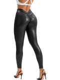 Sexy Pu Leather Elastic Tight Fitting V Waist Trousers