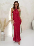 Summer Fashion Sequins Halter Neck Sexy Slim Elegant Long Evening Dress