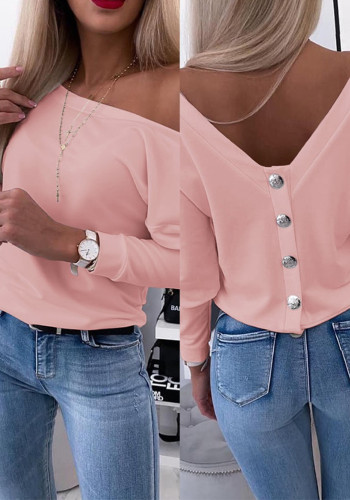 Autumn Long-Sleeved Back Button Solid Color V-Neck Shirt Top