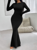 Autumn And Winter Women's Sexy Slim Round Neck Solid Color Long Sleeve Dress