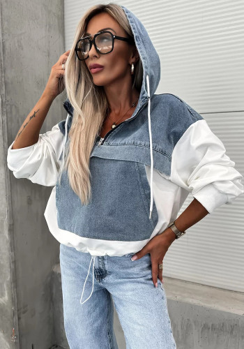 Autumn Fashion Loose Casual Denim Patchwork Hooded Women Hoodies