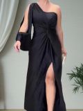 Summer Slash Shoulder Slit Solid Color Slim Long Dress