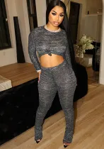 Women's Summer Solid Color Casual Round Neck Long Sleeve Crop Top Slim Pants Set