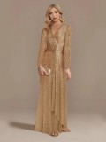 Spring Solid Color Sequins Long Sleeve Chic Evening Dress