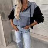 Autumn Fashion Loose Casual Denim Patchwork Hooded Women Hoodies