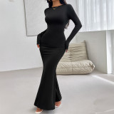 Autumn And Winter Women's Sexy Slim Round Neck Solid Color Long Sleeve Dress