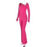 Women's Autumn Sports Solid Color One-Piece U-Neck Long Sleeve Low Back Fleece Jumpsuit