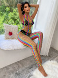 One-Piece See-Through Hollow Fishnet Jumpsuit Sexy Stripe Halter Neck Sexy Net Lingerie