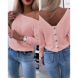 Autumn Long-Sleeved Back Button Solid Color V-Neck Shirt Top