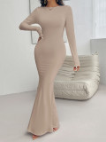 Autumn And Winter Women's Sexy Slim Round Neck Solid Color Long Sleeve Dress