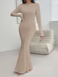 Autumn And Winter Women's Sexy Slim Round Neck Solid Color Long Sleeve Dress