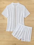 Solid Color Hollow Quick-Drying Turndown Collar Short Sleeve Top Square Leg Shorts Two Piece Set For Women