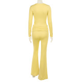 Autumn Chic Casual Solid Color Square Neck Tight Slim Long Sleeve Two Piece Pants Set For Women