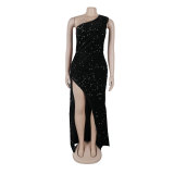 Women Slash Shoulder slit Bodycon velvet sequin dress