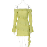 Women Fall Off Shoulder Ruffle Bell Bottom Sleeve Dress