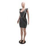 Women V-neck Sleeveless Bodycon Beaded Dress