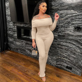 Fall Ribbed Off Shoulder Long Sleeve Solid Elastic Flared Jumpsuit