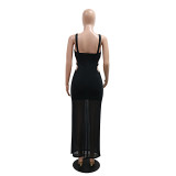 Women Sexy Halter Hollow Beaded See-Through Dress