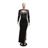 Women Round Neck Long Sleeve Beaded Hollow High Slit Dress