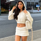 Women Autumn Long Sleeve Zipper Crop Hoodies and Skirt Two-piece Set