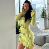 Women Fall Off Shoulder Ruffle Bell Bottom Sleeve Dress