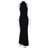 Women Half-high Collar Sleeveless Solid Maxi Dress