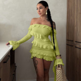 Women Fall Off Shoulder Ruffle Bell Bottom Sleeve Dress
