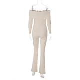 Fall Ribbed Off Shoulder Long Sleeve Solid Elastic Flared Jumpsuit