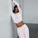 Women Casual two-piece set knitting basic button-down long-sleeved Top elastic trousers two-piece set pajamas and home clothes