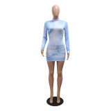 Women Round Neck Long Sleeve Printed Beaded Dress