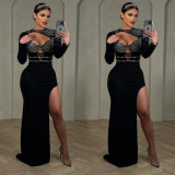 Women Round Neck Long Sleeve Beaded Hollow High Slit Dress