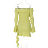 Women Fall Off Shoulder Ruffle Bell Bottom Sleeve Dress