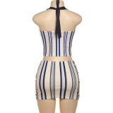 Women Summer Style Printed Sleeveless Halter Neck Striped Top and Skirt Two-piece Set