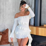 Women Fall Off Shoulder Ruffle Bell Bottom Sleeve Dress